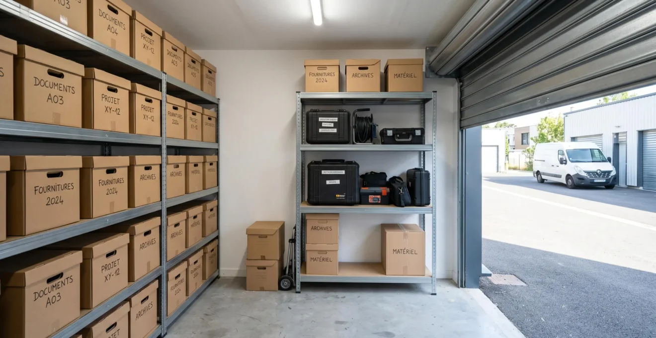 Vue intérieure d'un box de stockage professionnel bien organisé avec étagères métalliques et cartons étiquetés