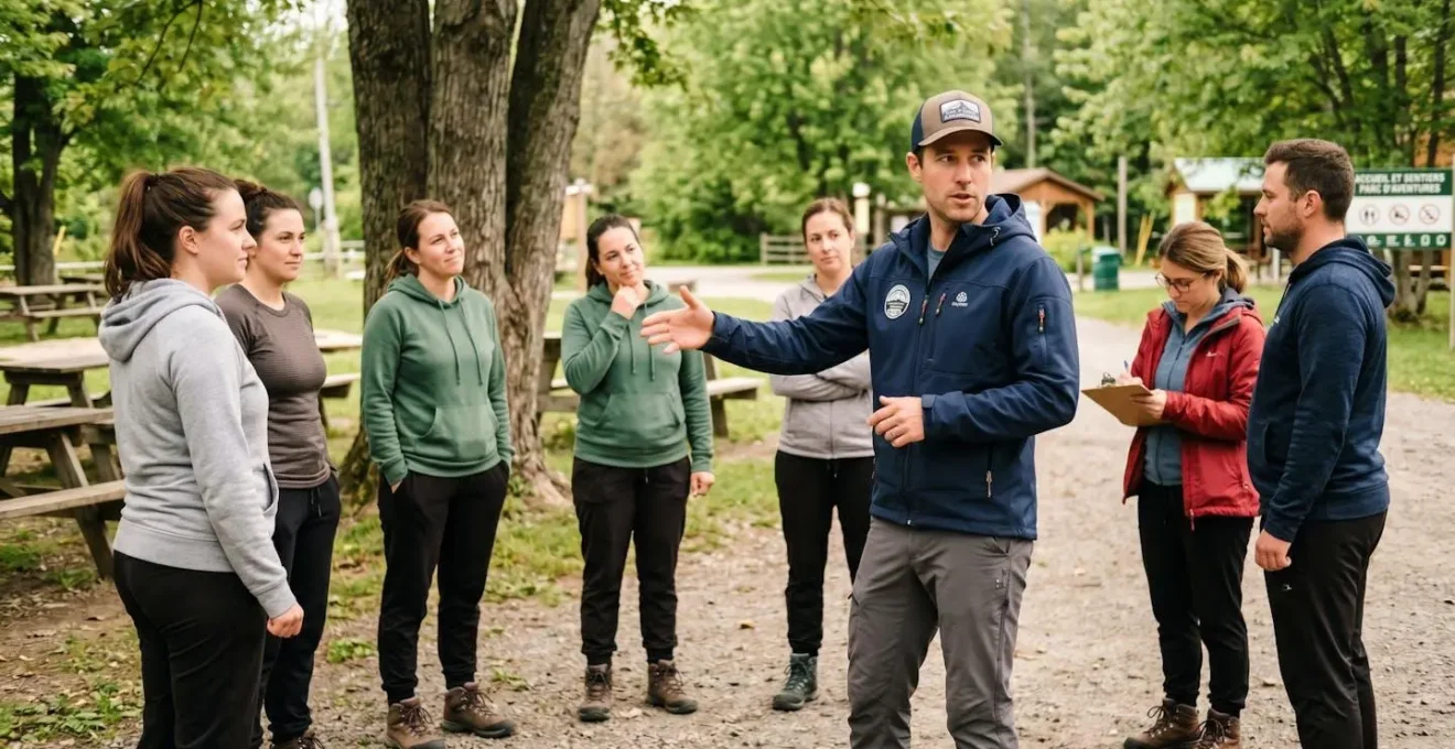 Encadrant professionnel donnant briefing sécurité à groupe de participants attentifs en cercle informel avant activité outdoor, lumière naturelle douce
