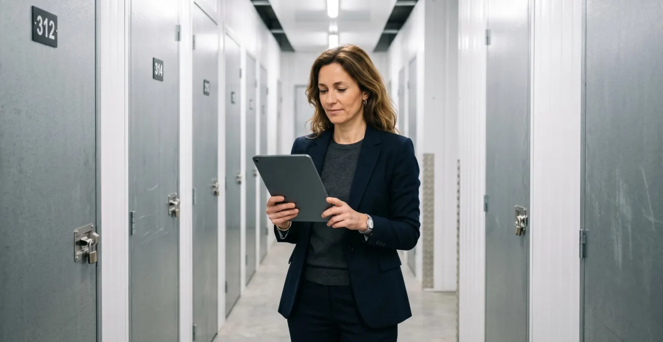 Chef d'entreprise consultant un outil de calcul de volume sur une tablette devant des box de stockage fermés