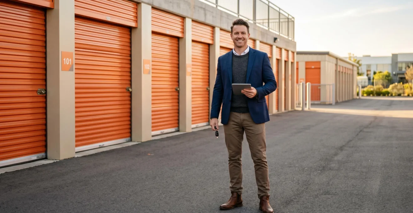 Entrepreneur inspectant un box de stockage extérieur dans une zone industrielle lumineuse