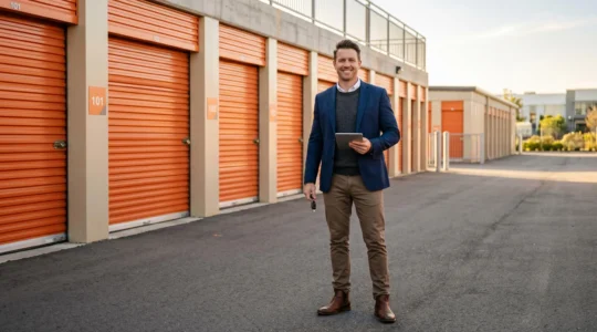 Entrepreneur inspectant un box de stockage extérieur dans une zone industrielle lumineuse