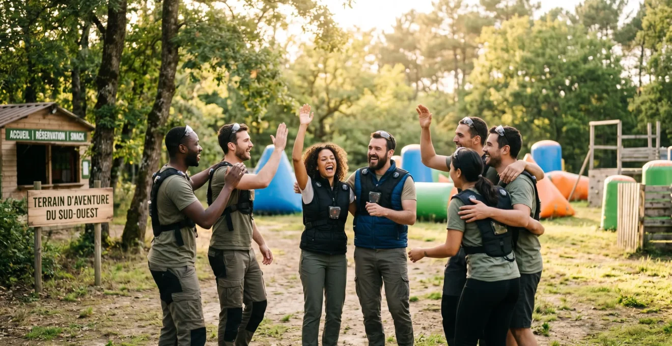 Groupe d'amis diversifié célébrant ensemble sur un terrain de loisirs outdoor après un défi sportif collectif, lumière dorée de fin de journée, certains portant équipements de paintball, expressions authentiques de joie et complicité