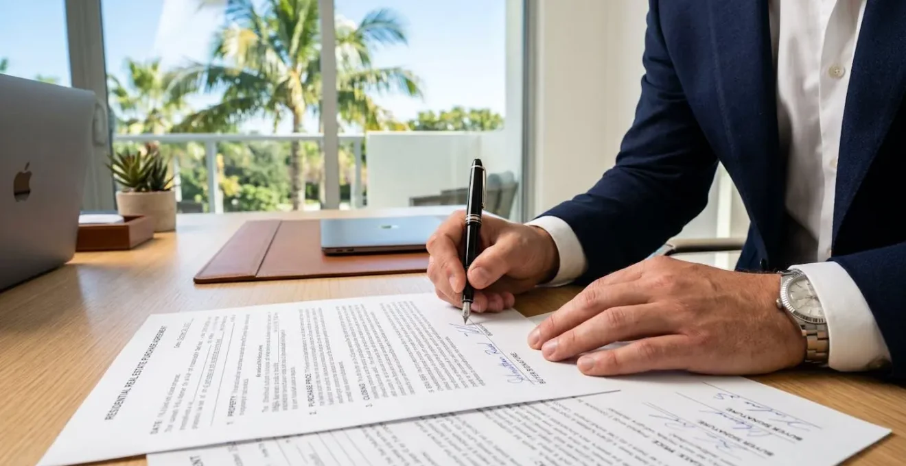 Mains d'un homme en costume signant des documents contractuels sur un bureau avec vue sur des palmiers par la fenêtre, ambiance lumineuse et professionnelle