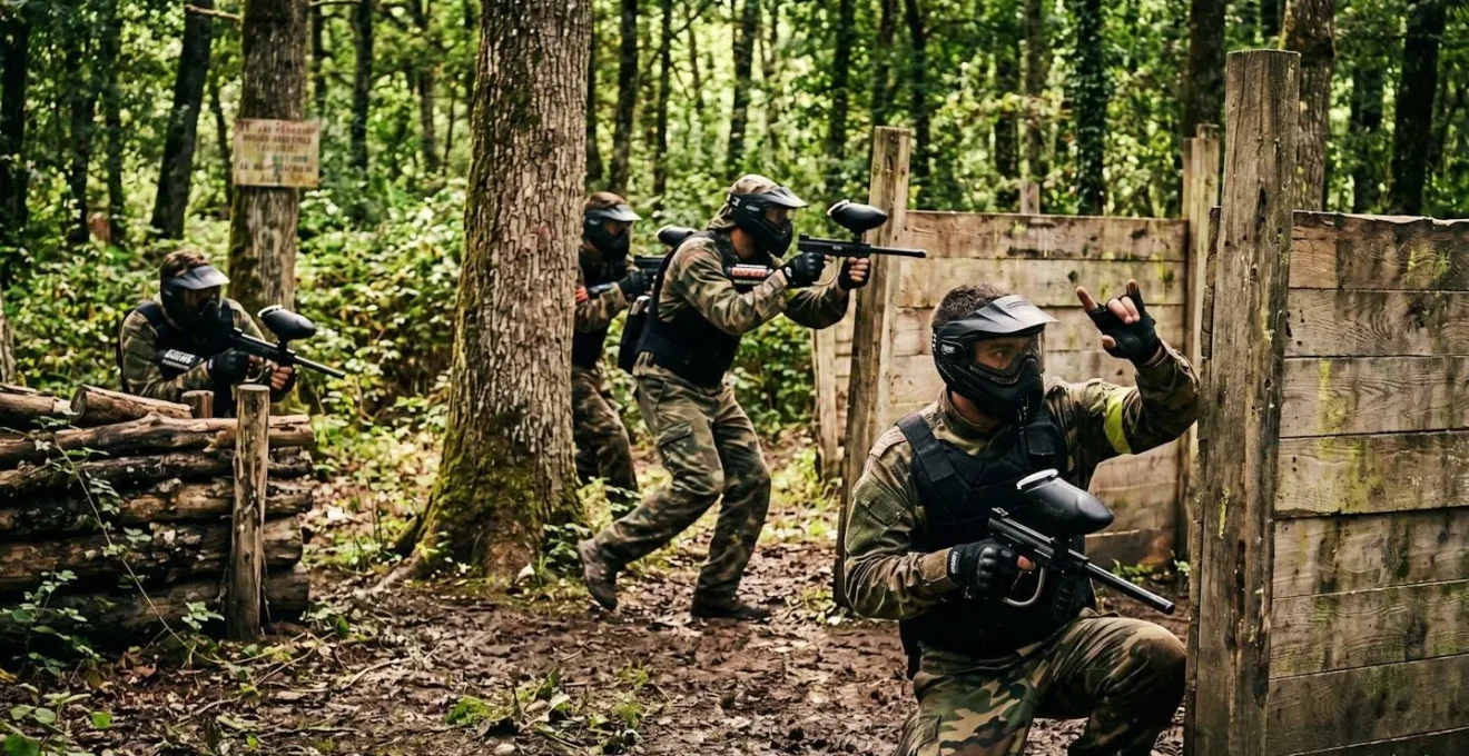 Joueurs de paintball en équipement de protection complet positionnés stratégiquement derrière obstacles naturels sur terrain boisé outdoor, coordination tactique en action