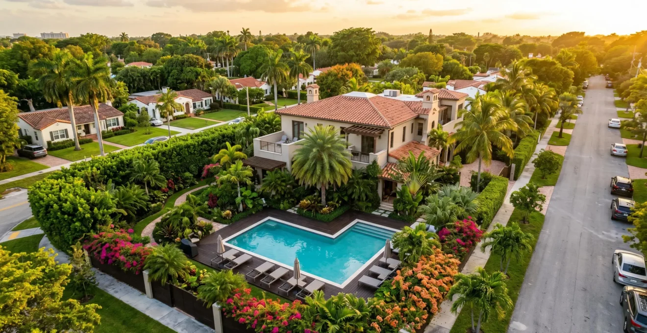 Vue aérienne d'une maison avec jardin et piscine dans un quartier résidentiel de Miami sous ciel bleu, palmiers et bougainvilliers en fleurs