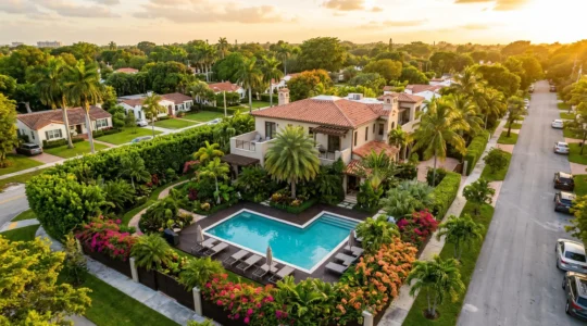 Vue aérienne d'une maison avec jardin et piscine dans un quartier résidentiel de Miami sous ciel bleu, palmiers et bougainvilliers en fleurs