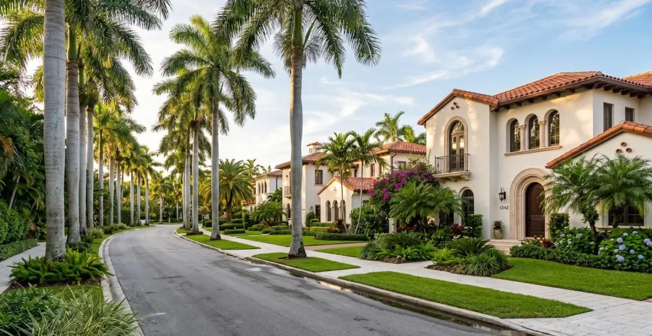 Rue résidentielle de Coral Gables à Miami avec maisons à architecture méditerranéenne, jardins verdoyants et palmiers royaux bordant le trottoir