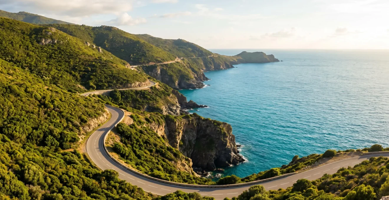 Route côtière panoramique D80 du Cap Corse serpentant le long d'une falaise au-dessus de la mer Méditerranée turquoise, végétation de maquis vert sur les versants sous ciel bleu lumineux