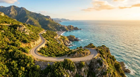 Route côtière panoramique D80 du Cap Corse serpentant le long d'une falaise au-dessus de la mer Méditerranée turquoise, végétation de maquis vert sur les versants sous ciel bleu lumineux