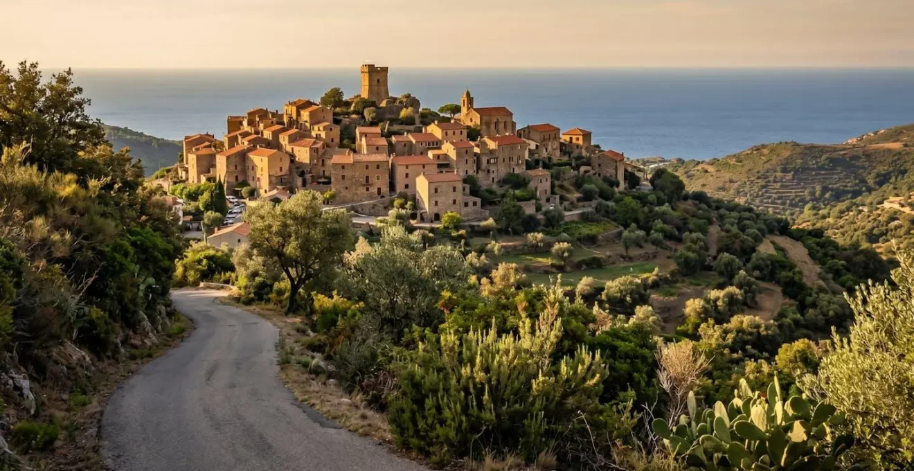 Village corse perché typique aux maisons de pierre ocre groupées sur promontoire avec tour génoise, mer Méditerranée en arrière-plan et végétation de maquis au premier plan