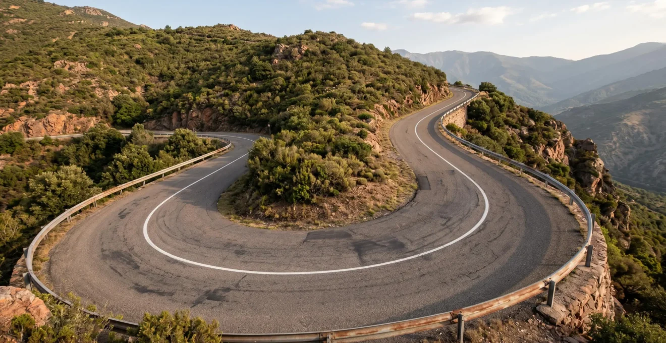 Virage en épingle à 180 degrés serré sur route de montagne corse étroite, avec garde-corps métallique et végétation de maquis dense en bordure