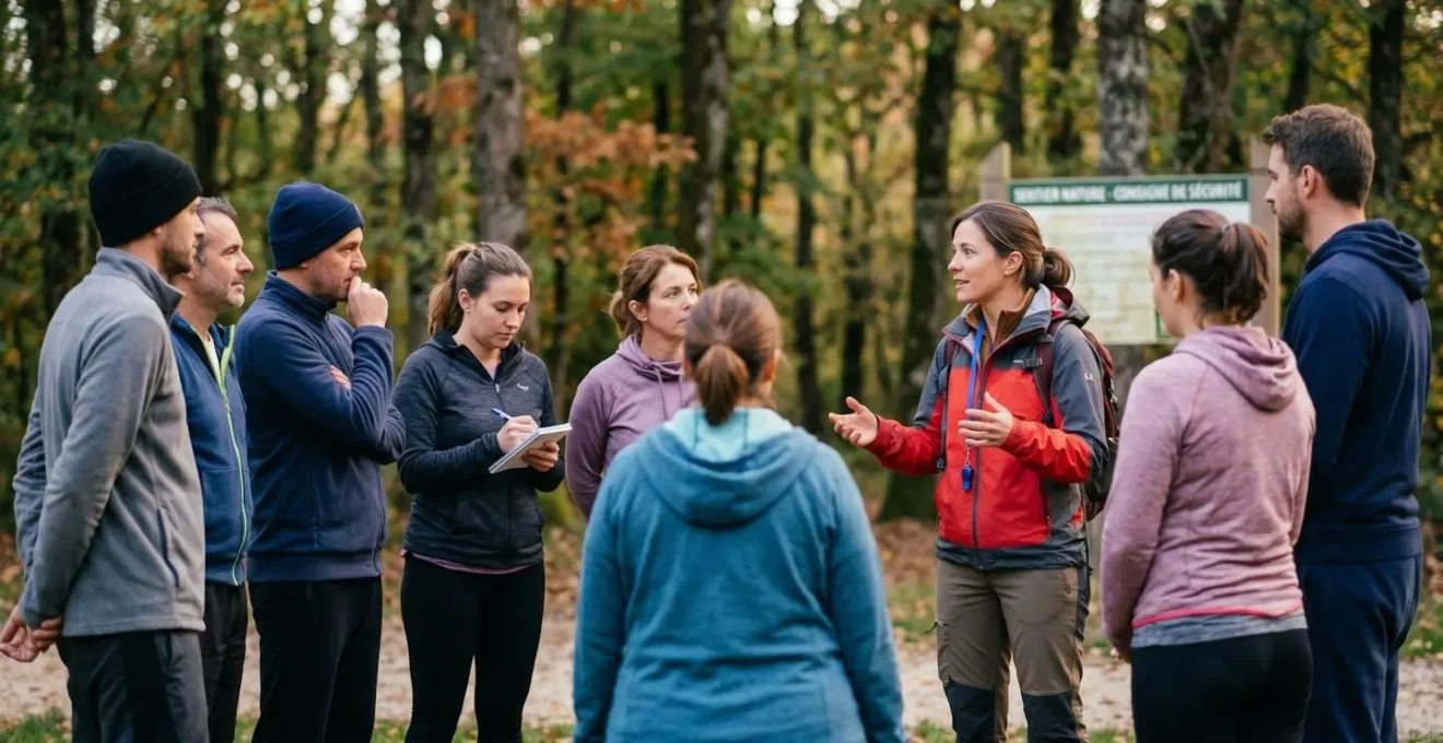 Encadrant professionnel donnant briefing sécurité à groupe de participants attentifs en cercle informel avant activité outdoor, lumière naturelle douce