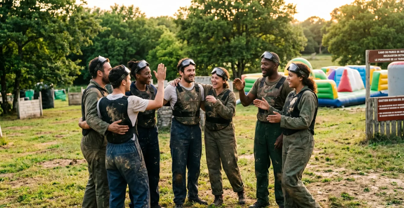 Groupe d'amis diversifié célébrant ensemble sur un terrain de loisirs outdoor après un défi sportif collectif, lumière dorée de fin de journée, certains portant équipements de paintball, expressions authentiques de joie et complicité