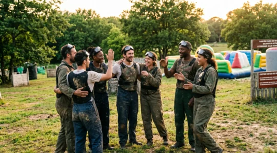 Groupe d'amis diversifié célébrant ensemble sur un terrain de loisirs outdoor après un défi sportif collectif, lumière dorée de fin de journée, certains portant équipements de paintball, expressions authentiques de joie et complicité