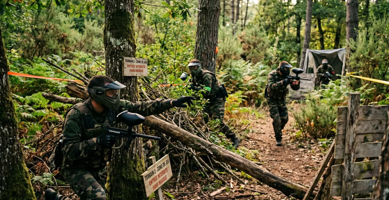 Joueurs de paintball en équipement de protection complet positionnés stratégiquement derrière obstacles naturels sur terrain boisé outdoor, coordination tactique en action