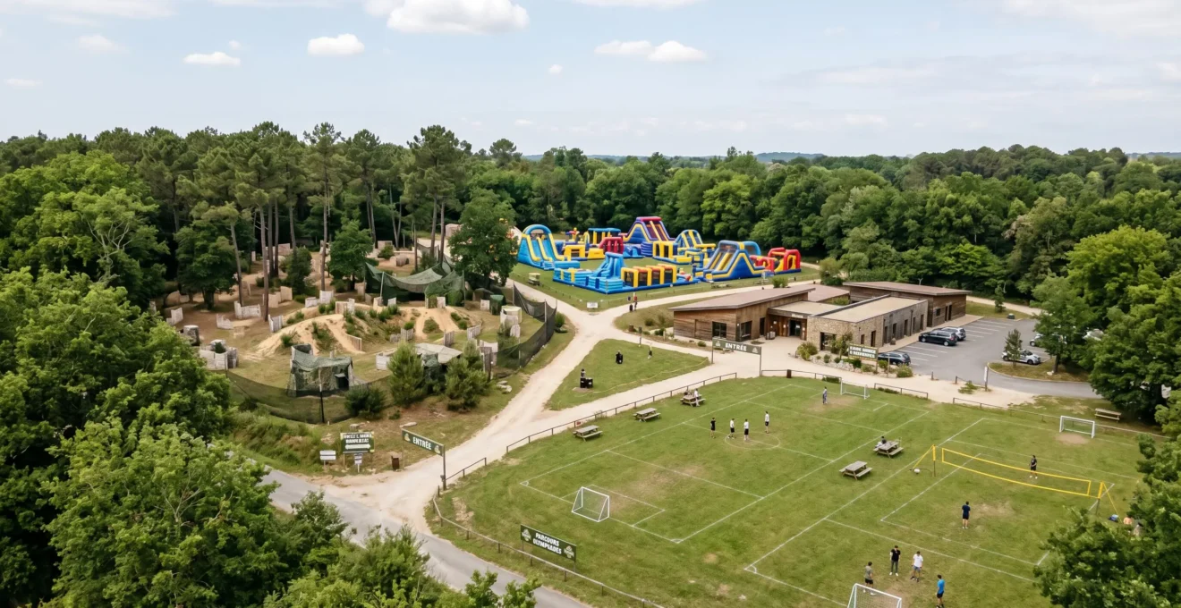 Vue aérienne modérée du parc Battle Park près de Bordeaux montrant plusieurs zones d'activités outdoor distinctes avec végétation environnante et espaces organisés