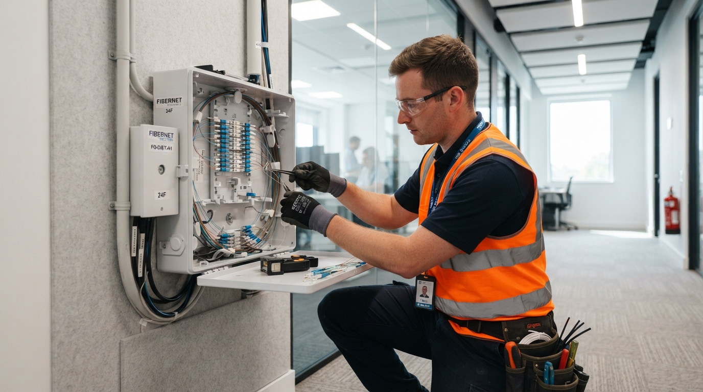 Technicien installant un boîtier de distribution de fibre optique dans un immeuble de bureaux moderne au Luxembourg.