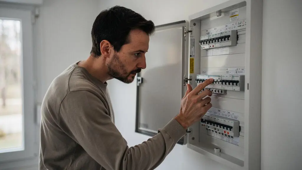 Acheteur potentiel examinant le tableau électrique lors d'une visite immobilière dans une maison française.