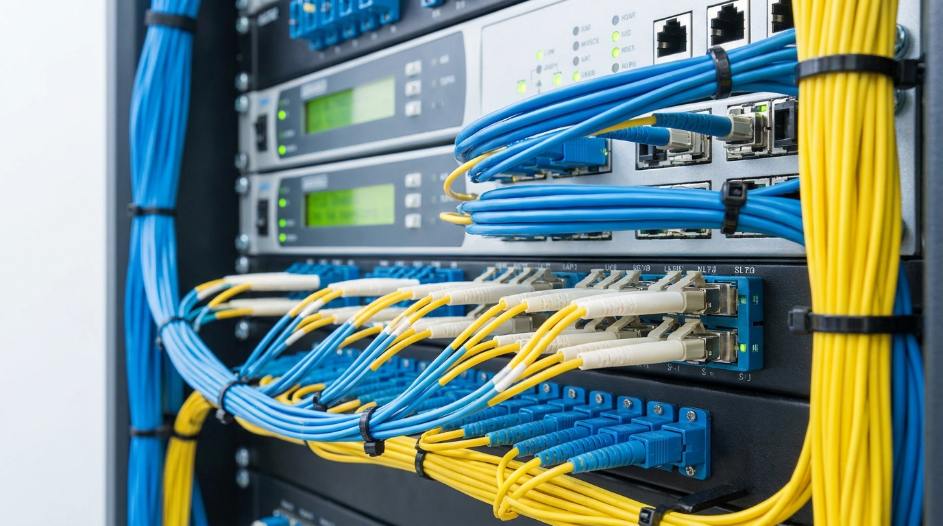 Gros plan sur des connecteurs de fibre optique professionnels avec câbles bleus et jaunes organisés.
