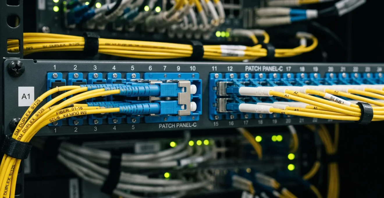 Gros plan sur des connecteurs de fibre optique professionnels avec câbles bleus et jaunes organisés.