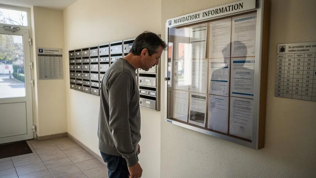 Personne consultant le panneau d'affichages obligatoires dans le hall d'entrée d'une copropriété française.