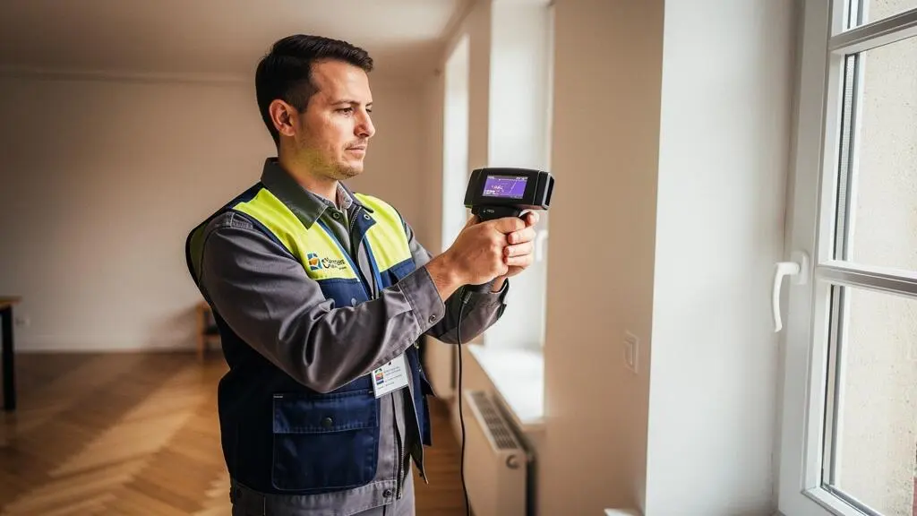Diagnostiqueur certifié réalisant un diagnostic de performance énergétique dans une maison individuelle française avec un appareil de mesure thermique.