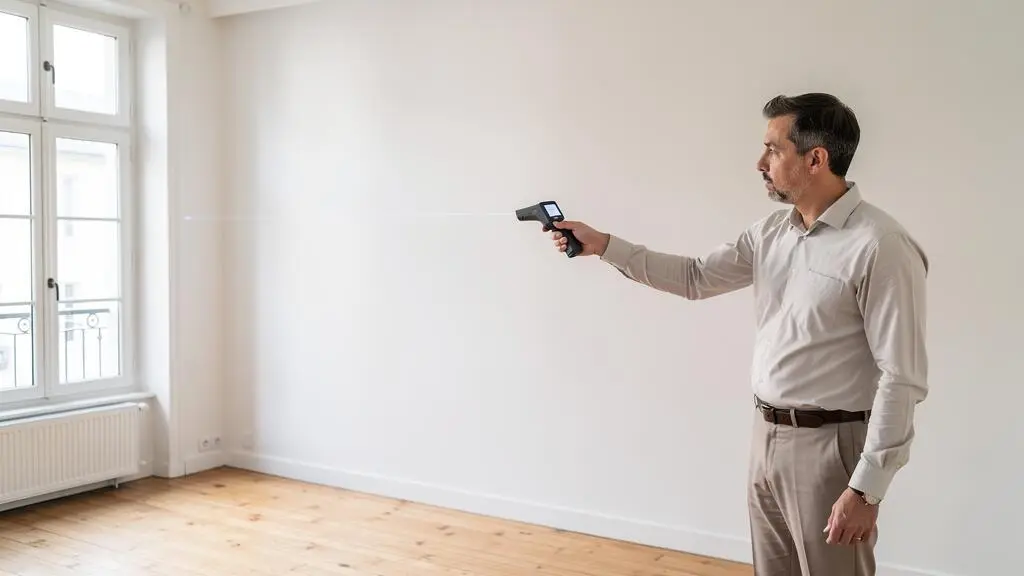 Géomètre réalisant un mesurage de surface habitable avec télémètre laser dans une propriété résidentielle française.