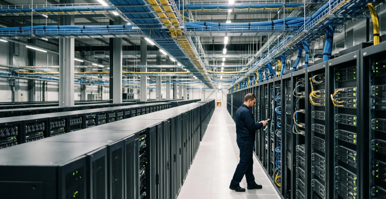 Salle serveur d'entreprise avec équipements réseau interconnectés par des câbles de fibre optique organisés dans des chemins de câbles structurés.