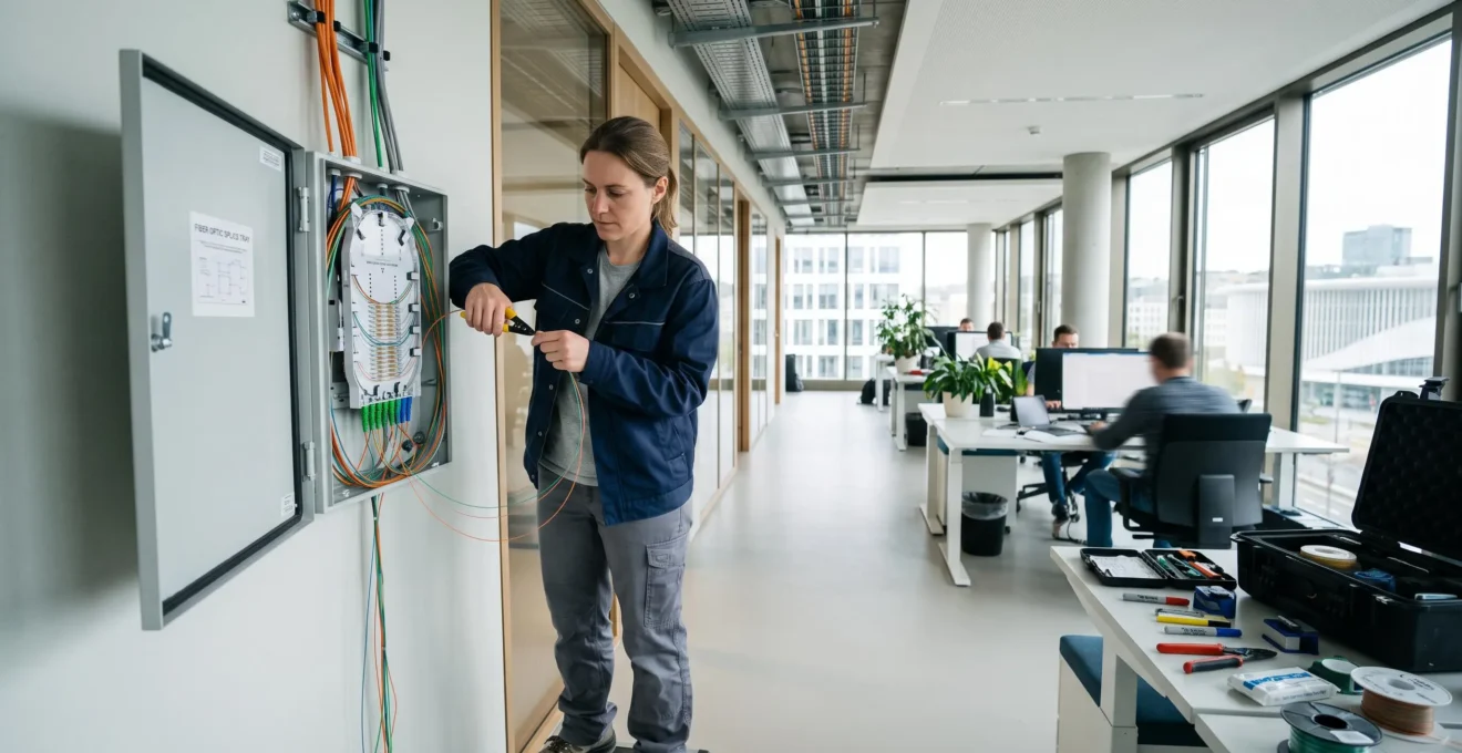 Technicien installant un boîtier de distribution de fibre optique dans un immeuble de bureaux moderne au Luxembourg.