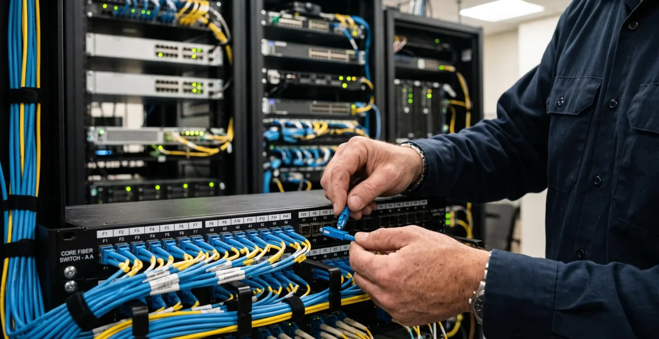 Technicien réseau connectant des câbles de fibre optique dans une armoire de brassage d'un local technique d'entreprise.