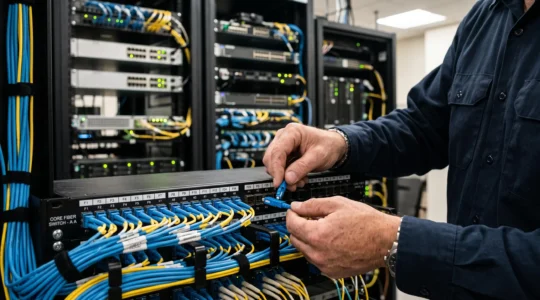 Technicien réseau connectant des câbles de fibre optique dans une armoire de brassage d'un local technique d'entreprise.