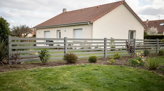 Clôture moderne en aluminium gris installée le long d'un jardin résidentiel français avec pelouse et maison pavillonnaire en arrière-plan