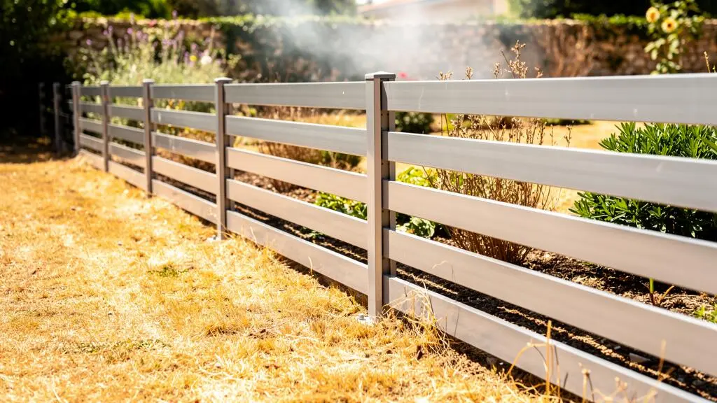 Clôture en aluminium dans un jardin résidentiel français en plein été sous fort ensoleillement, montrant l'absence de déformation malgré la chaleur