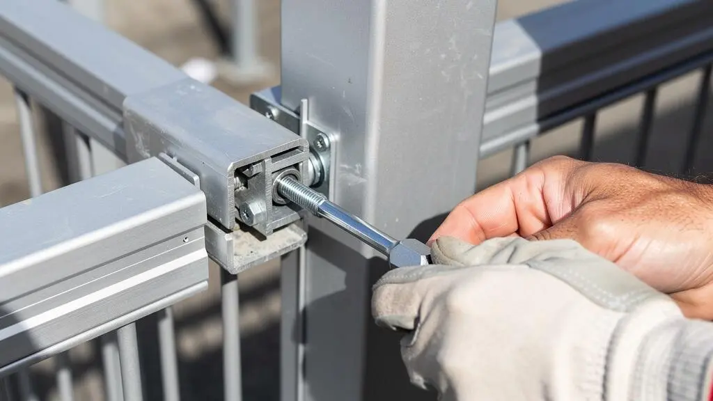 Gros plan sur les mains d'un installateur utilisant une clé hexagonale pour fixer le système de montage d'une clôture en aluminium avec espace de dilatation visible