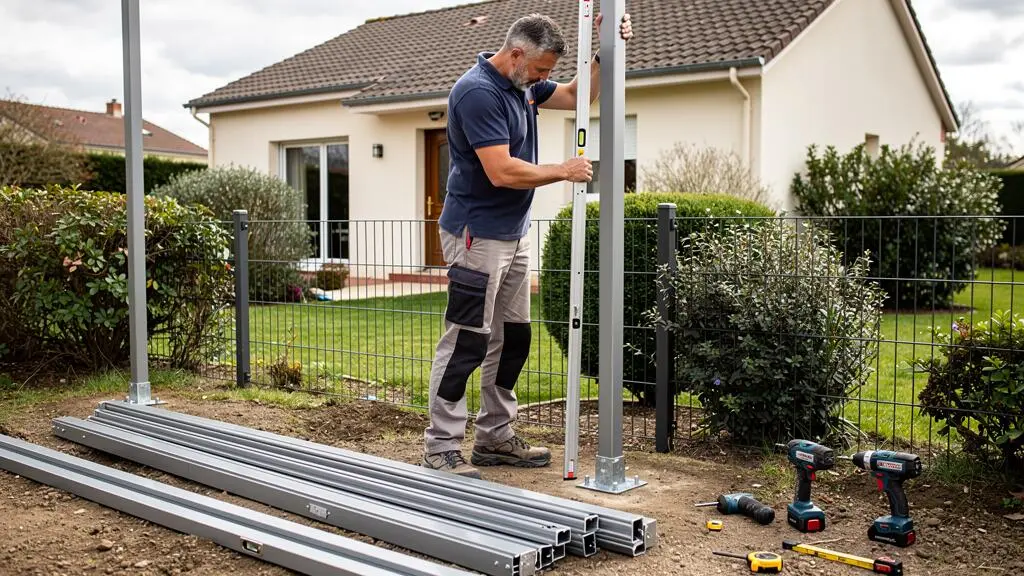 Installateur professionnel utilisant un niveau à bulle pour vérifier la verticalité d'un poteau de clôture en aluminium sur un chantier résidentiel français