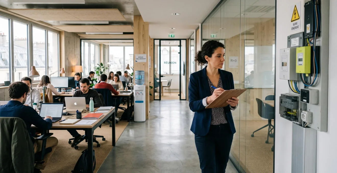 Une consultante relève les données d'un compteur électrique dans des bureaux ouverts.