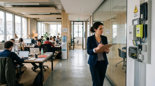 Une consultante relève les données d'un compteur électrique dans des bureaux ouverts.