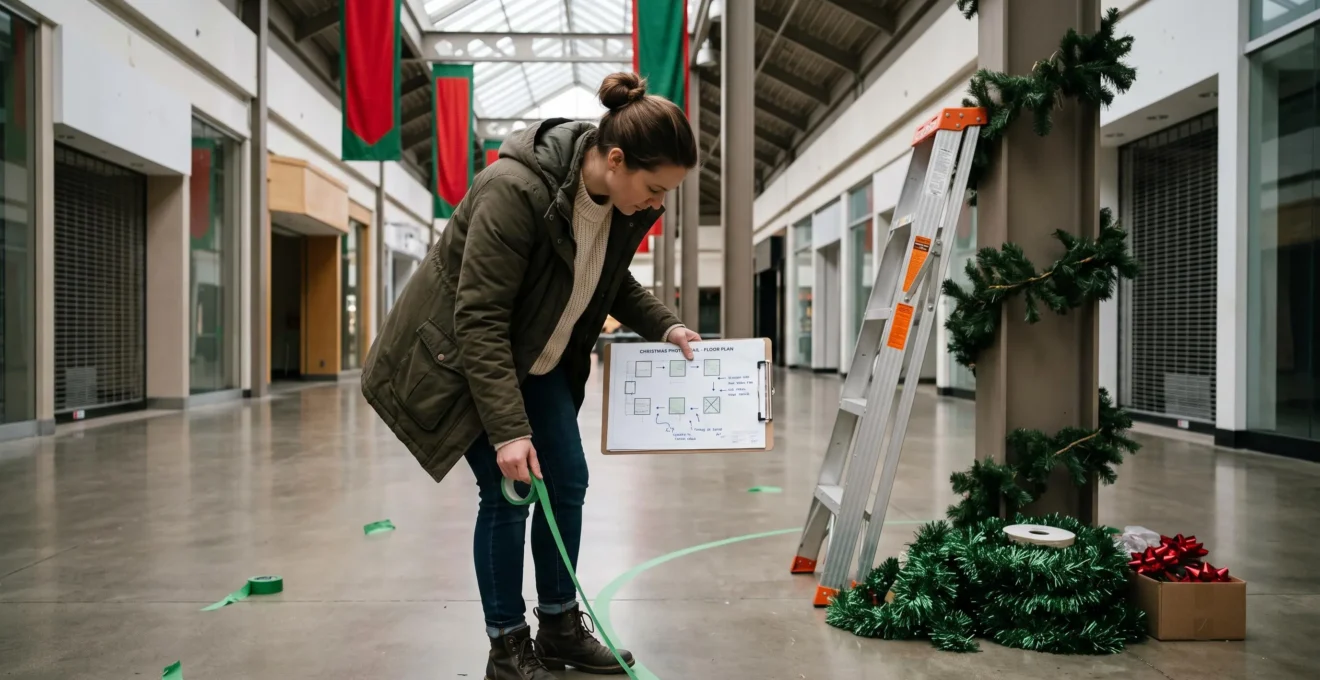 Un décorateur fixe des silhouettes en bois et des guirlandes sur un fond photo de Noël.