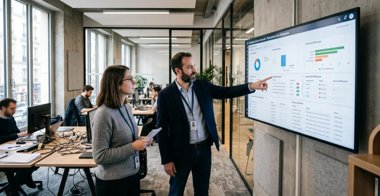 Un ingénieur sécurité et une collaboratrice examinent un tableau d'habilitations sur un écran d'open space.