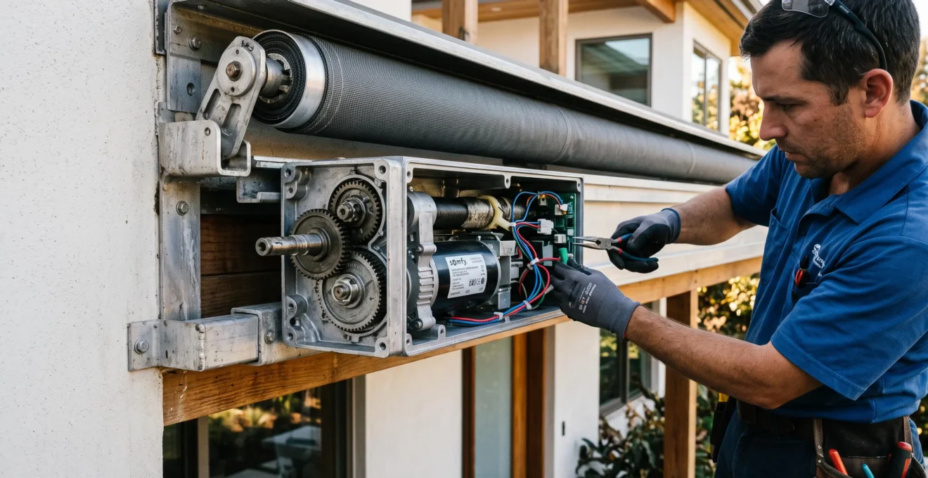 Technicien vérifiant le moteur électrique d'un store double pente extérieur.