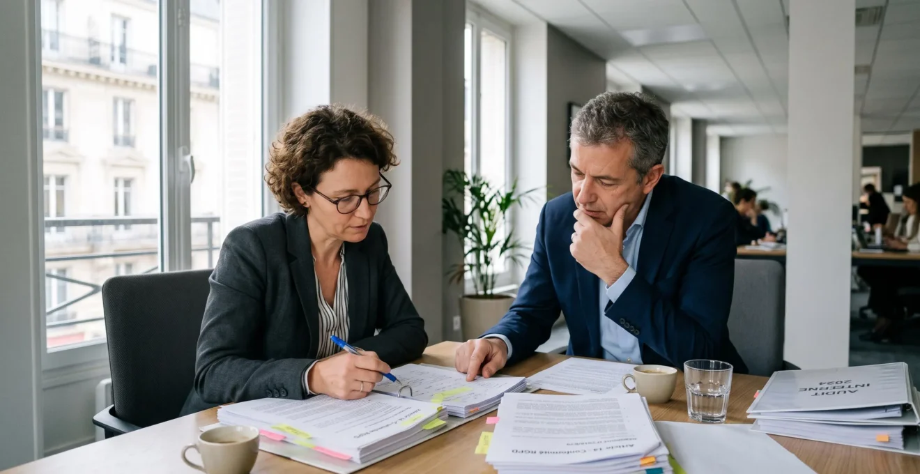 Une manager et un auditeur examinent des documents réglementaires en réunion.