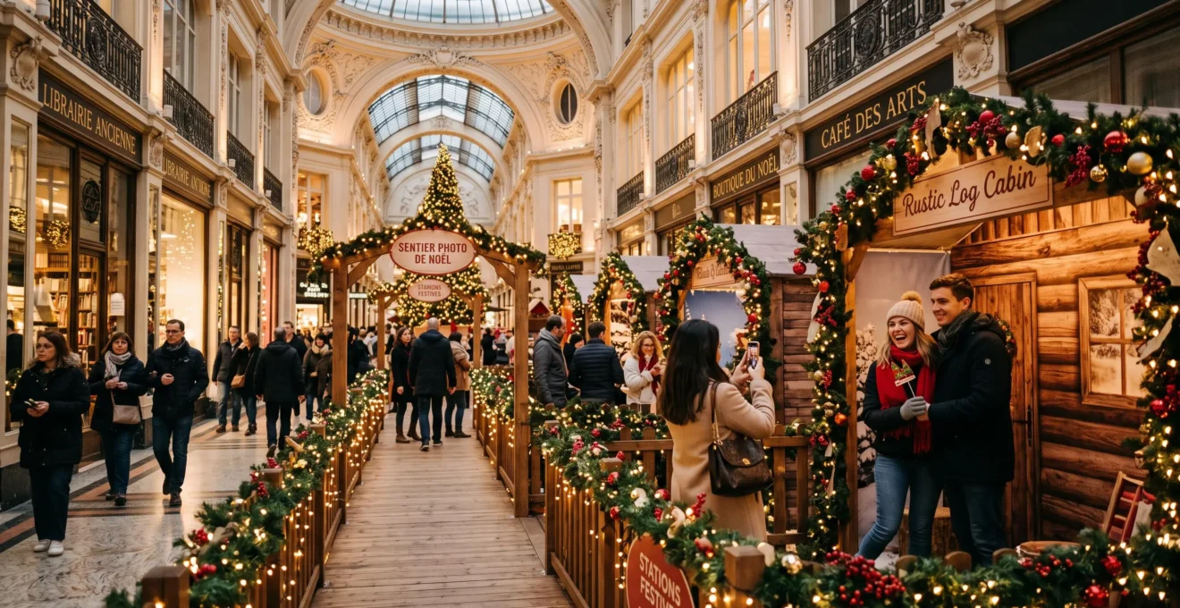 Des visiteurs parcourent un parcours photo de Noël décoré dans une galerie commerciale.