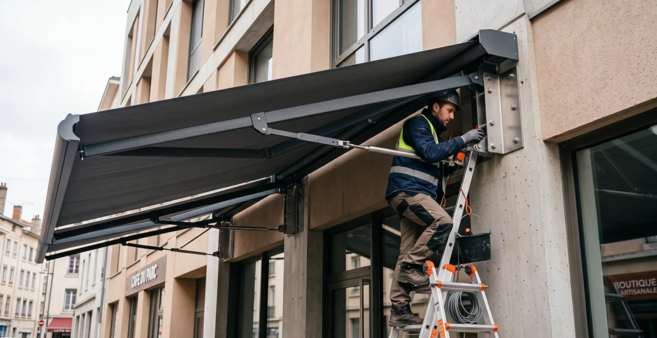 Technicien inspectant la complexité de l'installation d'un store double pente sur une façade.
