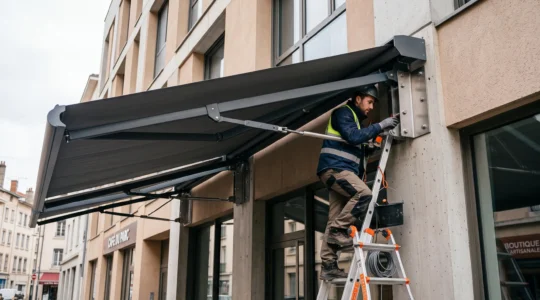 Technicien inspectant la complexité de l'installation d'un store double pente sur une façade.